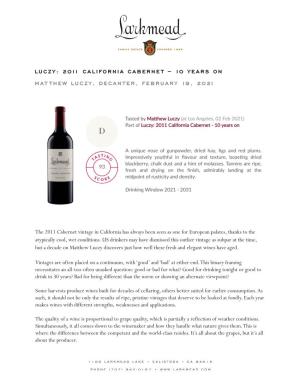 Luczy: 2011 California Cabernet – 10 Years on Mat Thew Luczy, Decanter, February 19, 2021