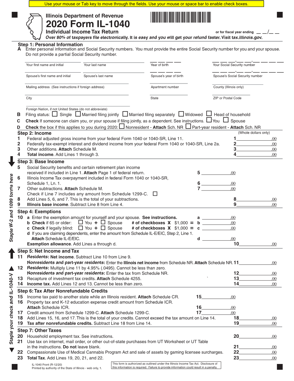 Form IL-1040 Individual Income Tax Return Or for Fiscal Year Ending / Over 80% of Taxpayers File Electronically