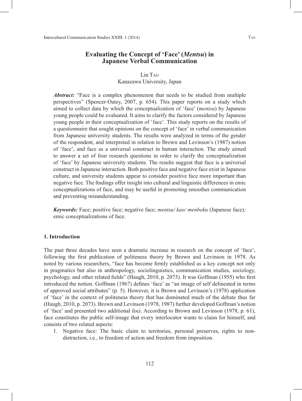 Evaluating the Concept of 'Face' ( Mentsu) in Japanese Verbal Communication