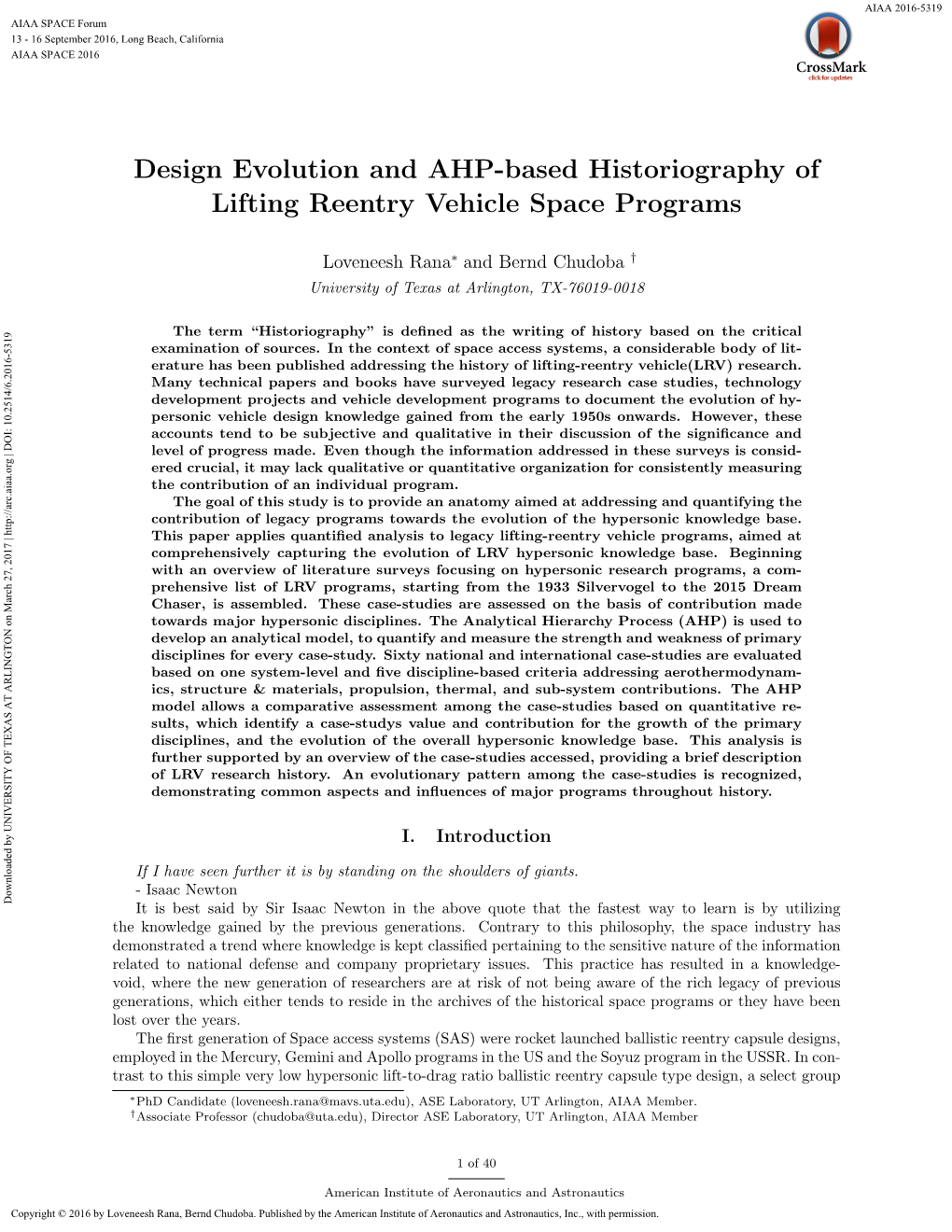 Design Evolution and AHP-Based Historiography of Lifting Reentry Vehicle Space Programs