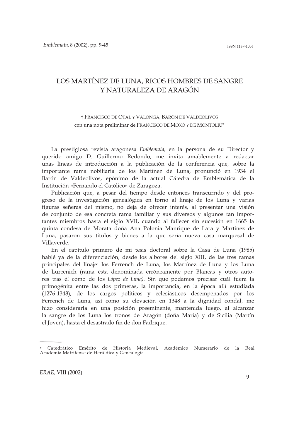 Los Martínez De Luna, Ricos Hombres De Sangre Y Naturaleza De Aragón