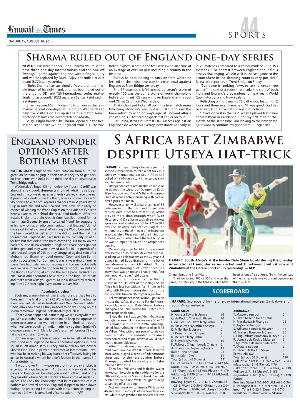 S Africa Beat Zimbabwe Despite Utseya Hat-Trick