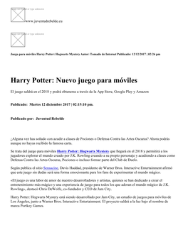 Harry Potter: Nuevo Juego Para Móviles