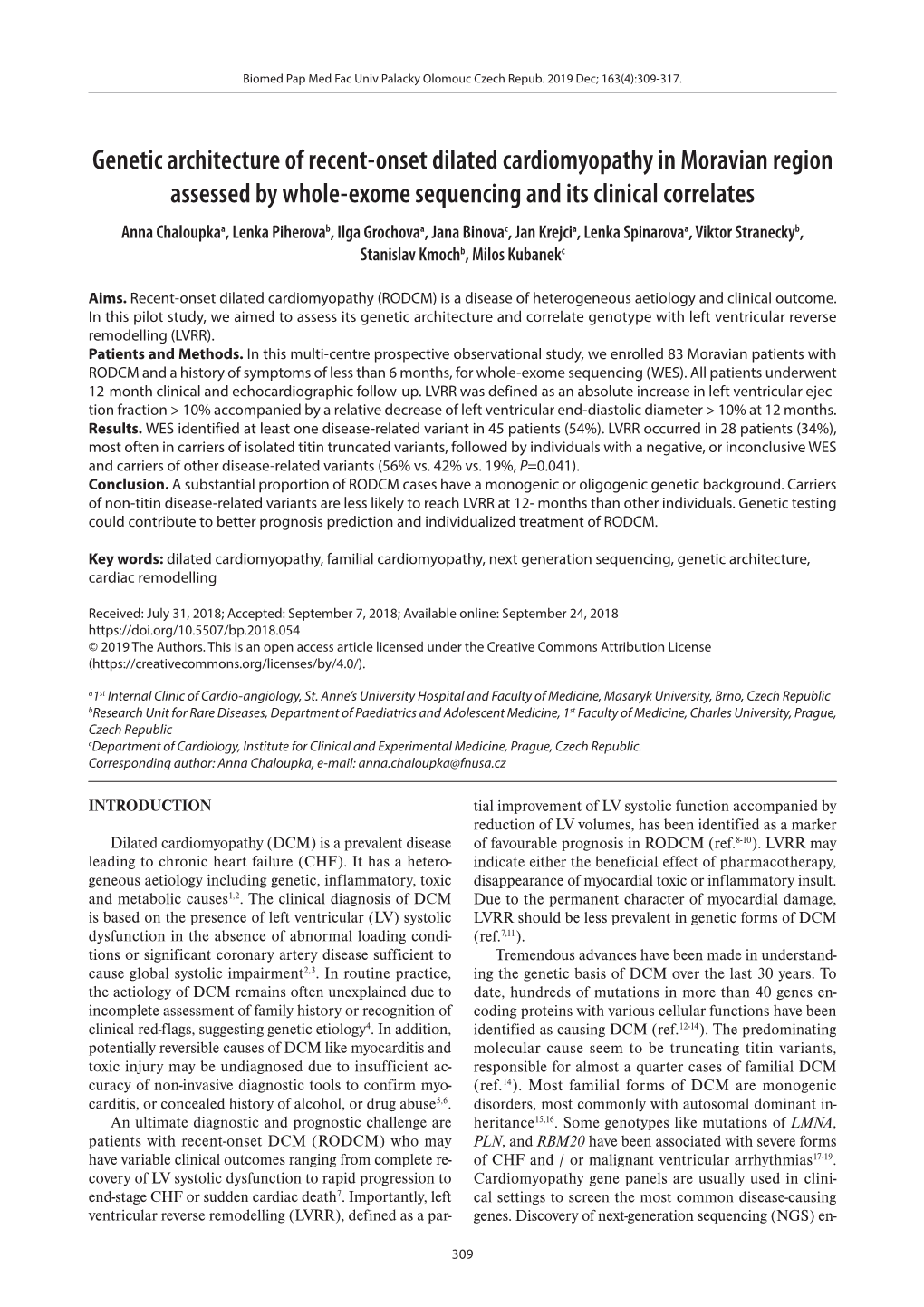 Genetic Architecture of Recent-Onset Dilated Cardiomyopathy in Moravian