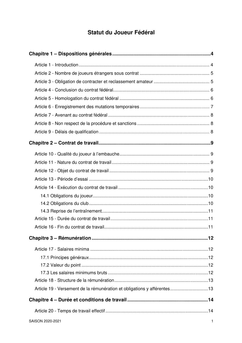 Statut Du Joueur Fédéral / Saison 2020-2021