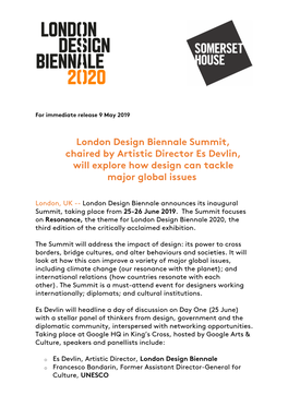 London Design Biennale Summit, Chaired by Artistic Director Es Devlin, Will Explore How Design Can Tackle Major Global Issues
