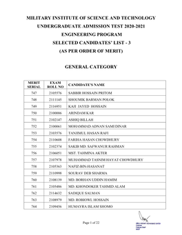 Military Institute of Science and Technology Undergraduate Admission Test 2020-2021 Engineering Program Selected Candidates’ List - 3 (As Per Order of Merit)