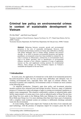 Criminal Law Policy on Environmental Crimes in Context of Sustainable Development in Vietnam