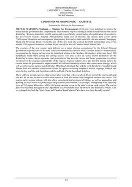 CAMDEN SOUND MARINE PARK — GAZETTAL Statement by Minister for Environment MR W.R