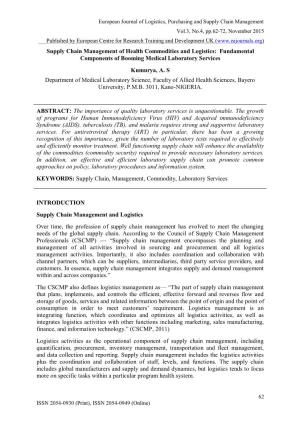 Supply Chain Management of Health Commodities and Logistics: Fundamental Components of Booming Medical Laboratory Services Kumurya, A