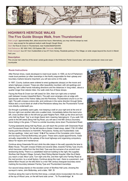 HIGHWAYS HERITAGE WALKS the Five Guide Stoops Walk, from Thurstonland Walk Length: Approximately 6Km, Allow Around Two Hours