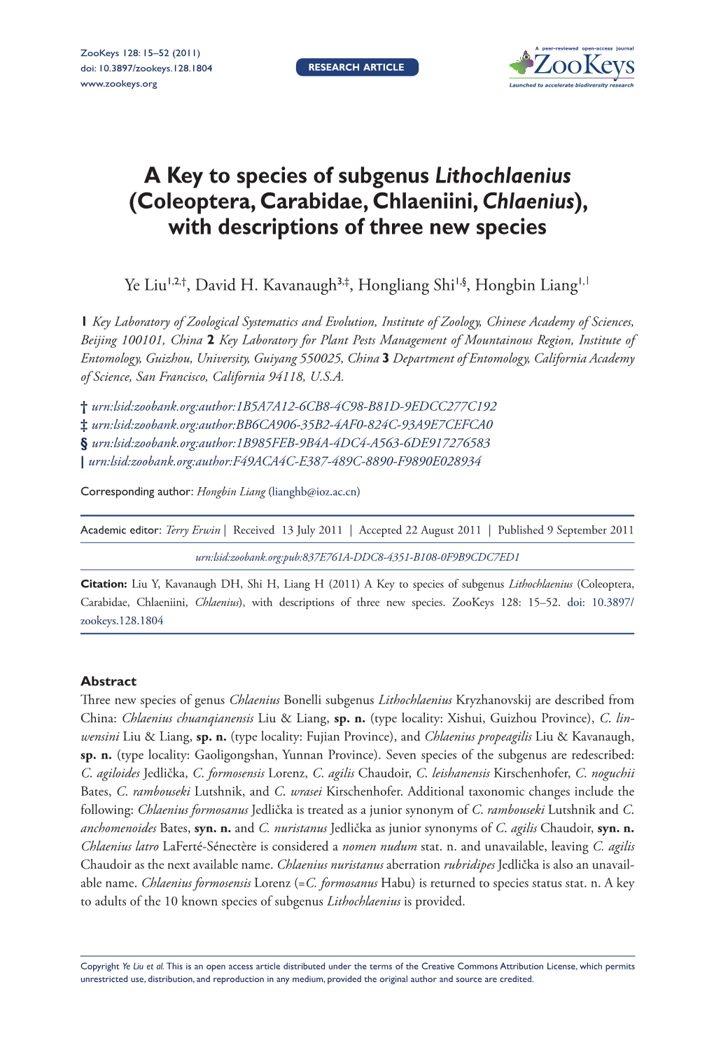 (Coleoptera, Carabidae, Chlaeniini, Chlaenius), with Descriptions of Three New Species