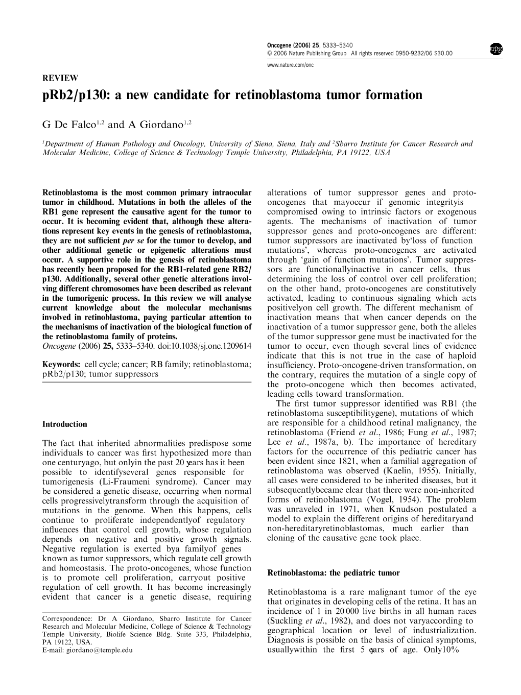 Prb2/P130: a New Candidate for Retinoblastoma Tumor Formation