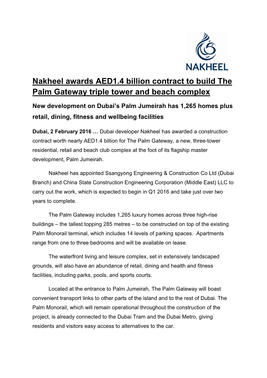 Nakheel Awards AED1.4 Billion Contract to Build the Palm Gateway Triple Tower and Beach Complex