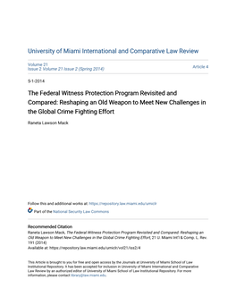 The Federal Witness Protection Program Revisited and Compared: Reshaping an Old Weapon to Meet New Challenges in the Global Crime Fighting Effort