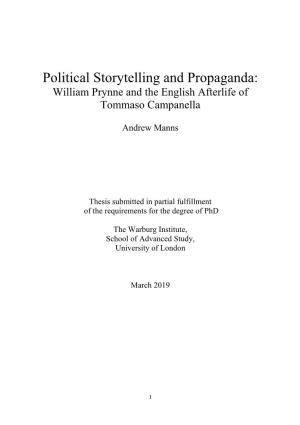 Political Storytelling and Propaganda: William Prynne and the English Afterlife of Tommaso Campanella