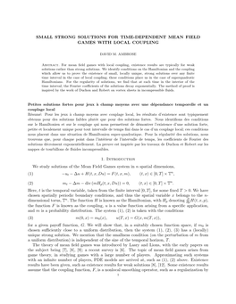 SMALL STRONG SOLUTIONS for TIME-DEPENDENT MEAN FIELD GAMES with LOCAL COUPLING 1. Introduction We Study Solutions of the Mean Fi