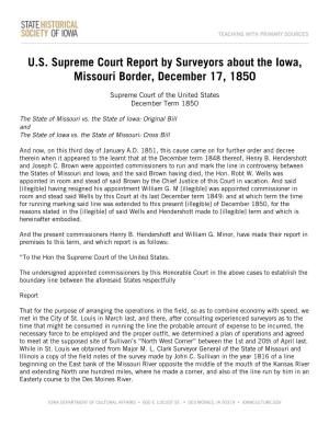 U.S. Supreme Court Report by Surveyors About the Iowa, Missouri Border, December 17, 1850