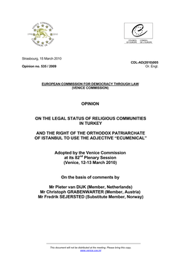 Venice Commission Opinion on Legal Status of Religious Communities In