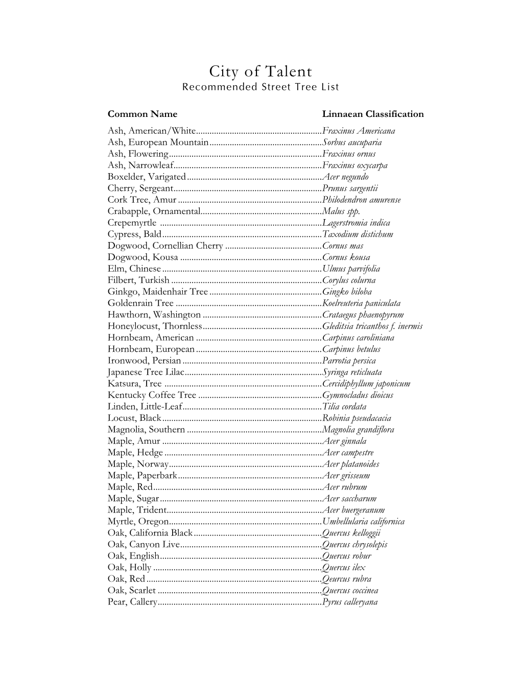 Recommended Street Tree List