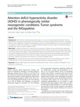 Attention Deficit Hyperactivity Disorder (ADHD) in Phenotypically Similar Neurogenetic Conditions: Turner Syndrome and the Rasopathies Tamar Green1, Paige E