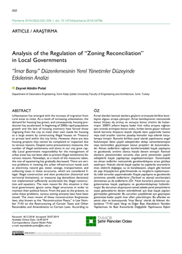 “Zoning Reconciliation” in Local Governments “İmar Barışı” Düzenlemesinin Yerel Yönetimler Düzeyinde Etkilerinin Analizi