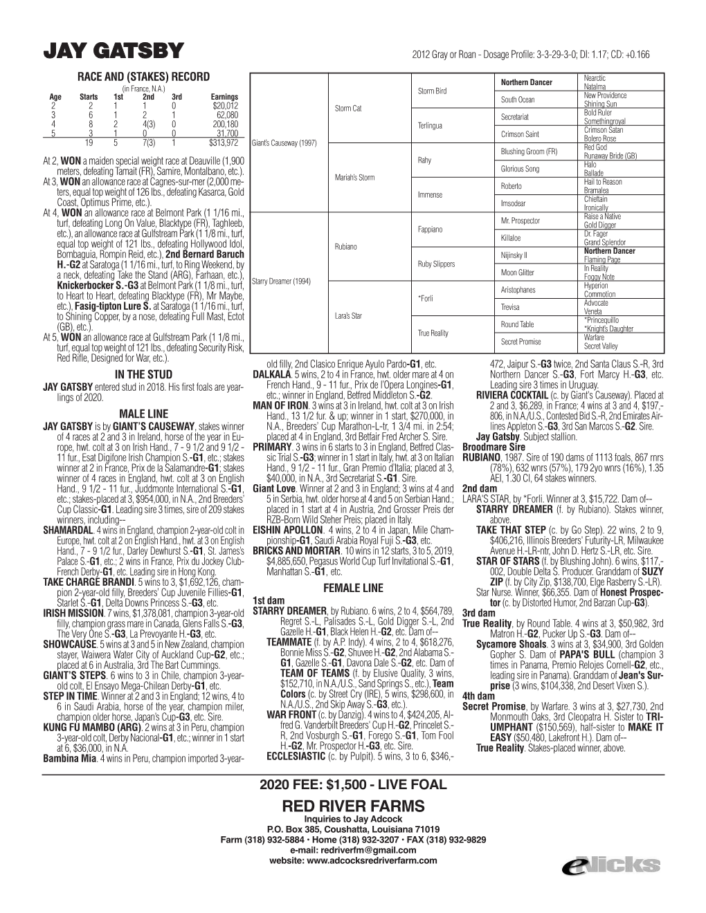 JAY GATSBY 2012 Gray Or Roan - Dosage Profile: 3-3-29-3-0; DI: 1.17; CD: +0.166