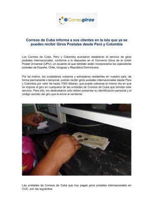 Correos De Cuba Informa a Sus Clientes En La Isla Que Ya Se Pueden Recibir Giros Postales Desde Perú Y Colombia