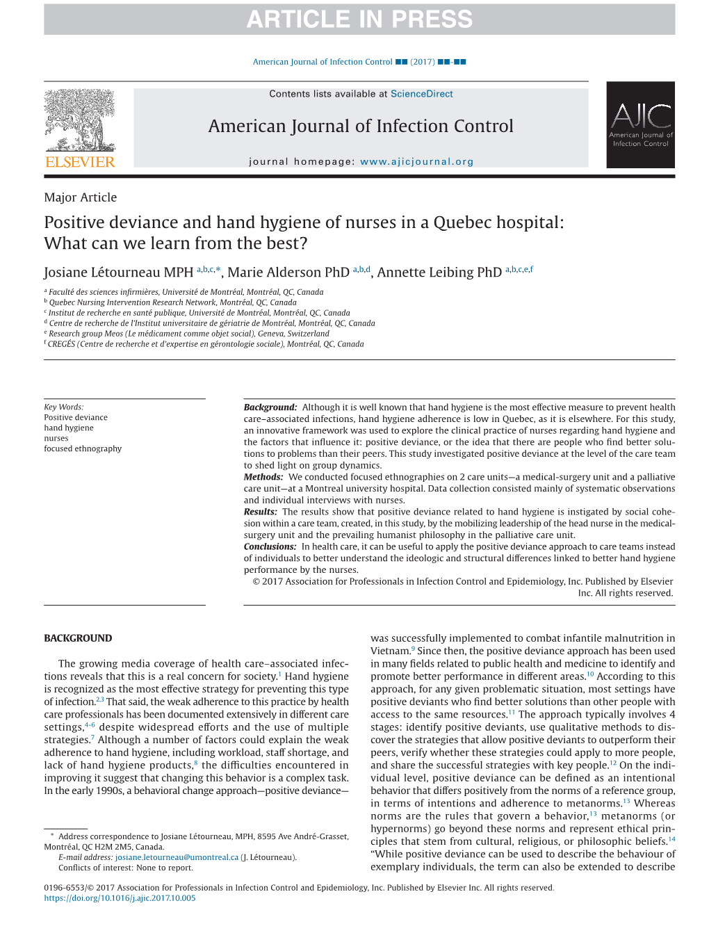 Positive Deviance and Hand Hygiene of Nurses in a Quebec Hospital: What Can We Learn from the Best?