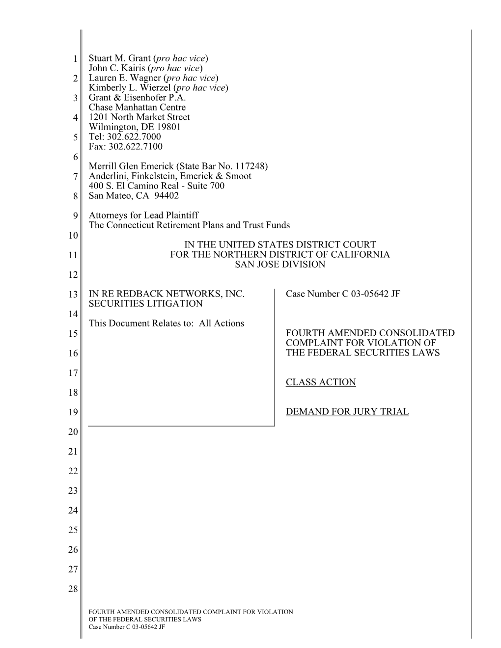 In Re Redback Networks, Inc. Securities Litigation 03-CV-05642