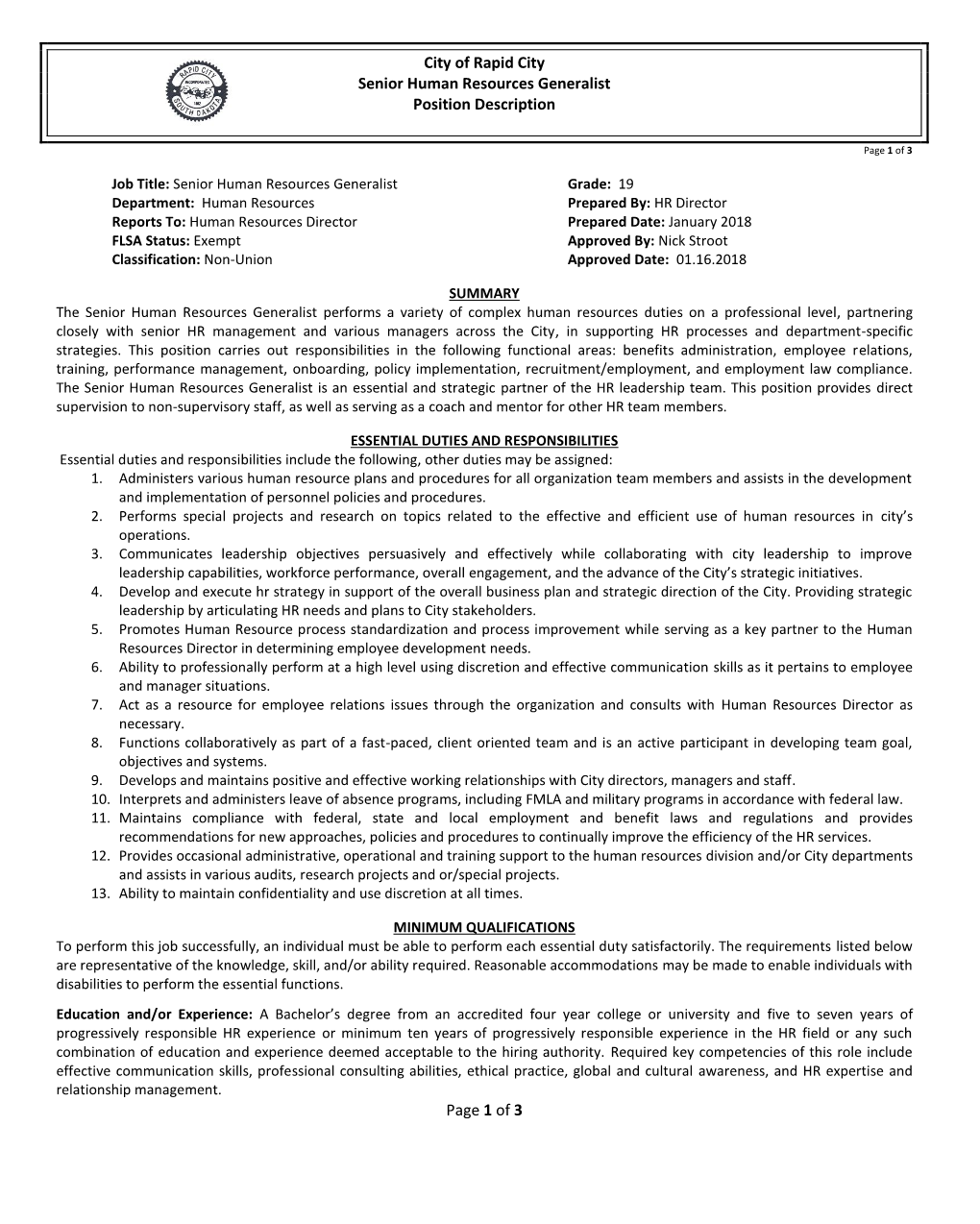 City of Rapid City Senior Human Resources Generalist Position Description