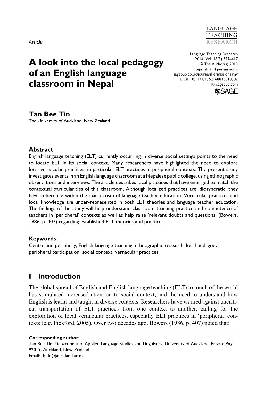 A Look Into the Local Pedagogy of an English Language Classroom in Nepal