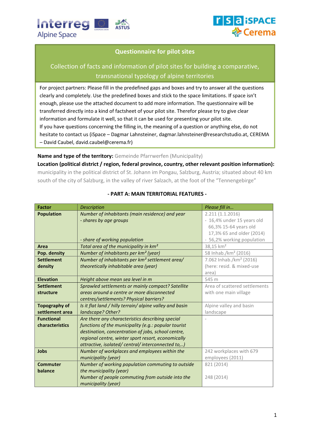 Questionnaire for Pilot Sites Collection of Facts and Information of Pilot Sites