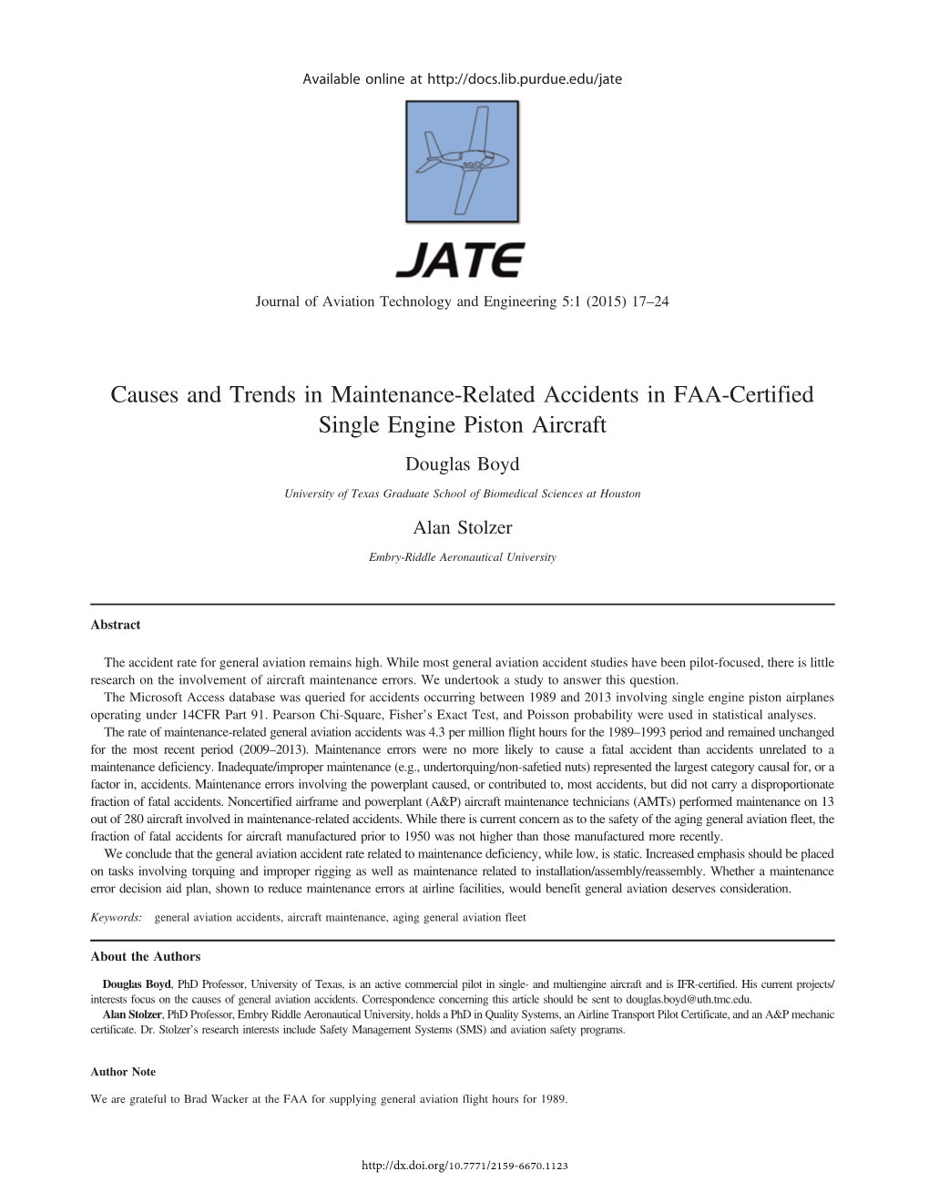 Causes and Trends in Maintenance-Related Accidents in FAA-Certified Single Engine Piston Aircraft Douglas Boyd