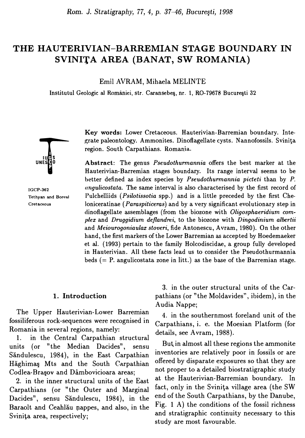 The Hauterivian-Barremian Stage Boundary in Svinita Area (Banat, Sw Romania)