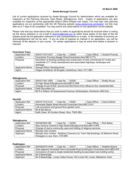 03 March 2008 Swale Borough Council List of Current Applications Received by Swale Borough Council for Determination Which Are A