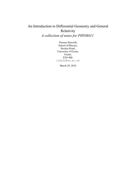 An Introduction to Differential Geometry and General Relativity a Collection of Notes for PHYM411