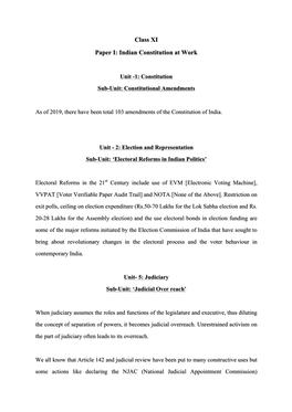 Class XI Paper I: Indian Constitution at Work
