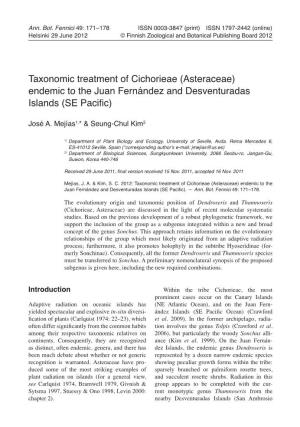 Taxonomic Treatment of Cichorieae (Asteraceae) Endemic to the Juan Fernández and Desventuradas Islands (SE Pacific)