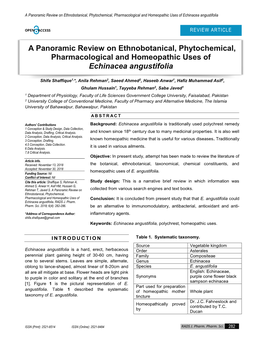 A Panoramic Review on Ethnobotanical, Phytochemical, Pharmacological and Homeopathic Uses of Echinacea Angustifolia