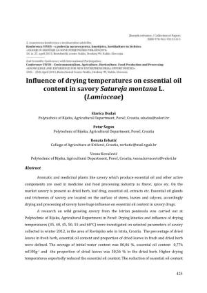 Influence of Drying Temperatures on Essential Oil Content in Savory Satureja Montana L