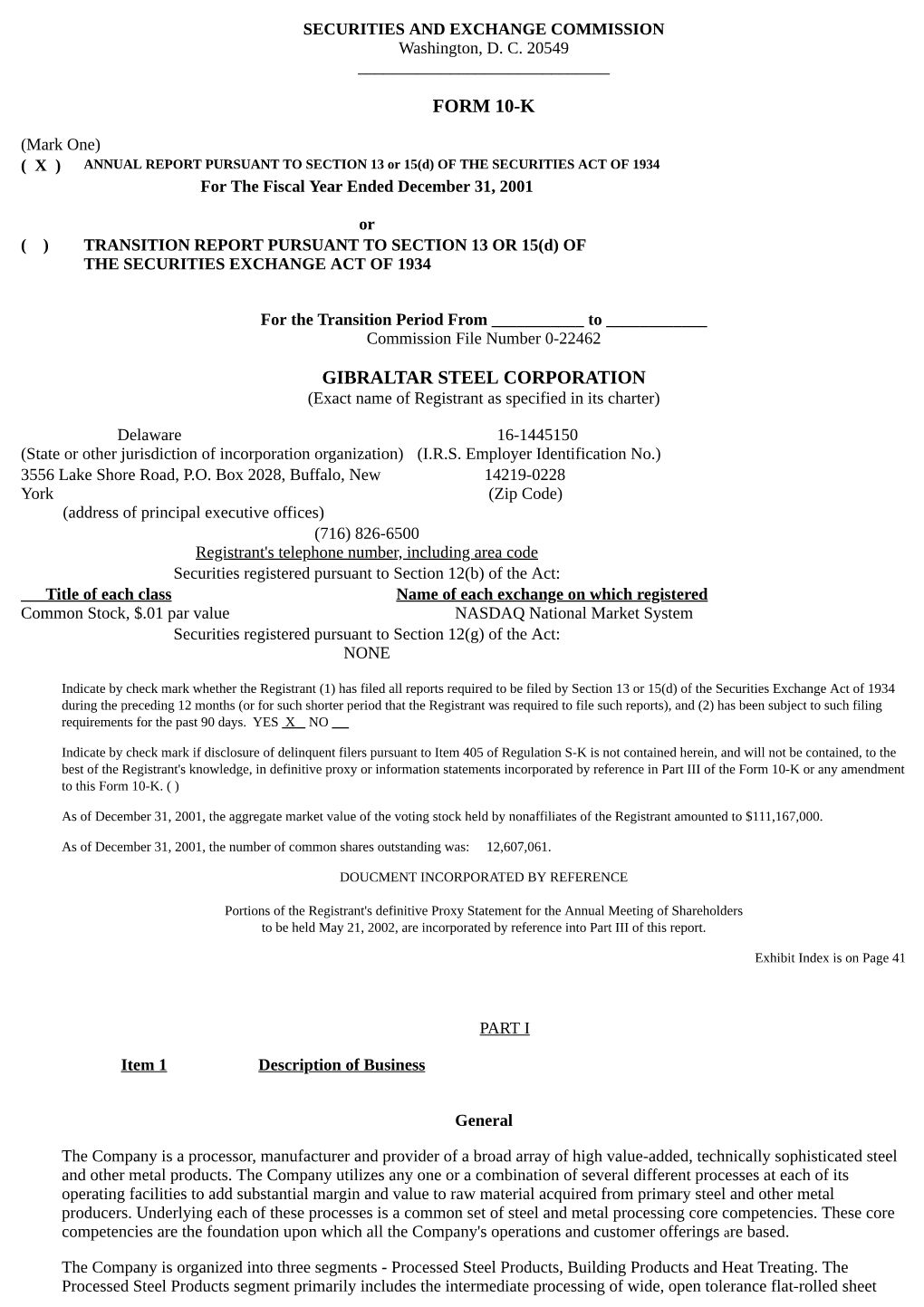 Form 10-K Gibraltar Steel Corporation