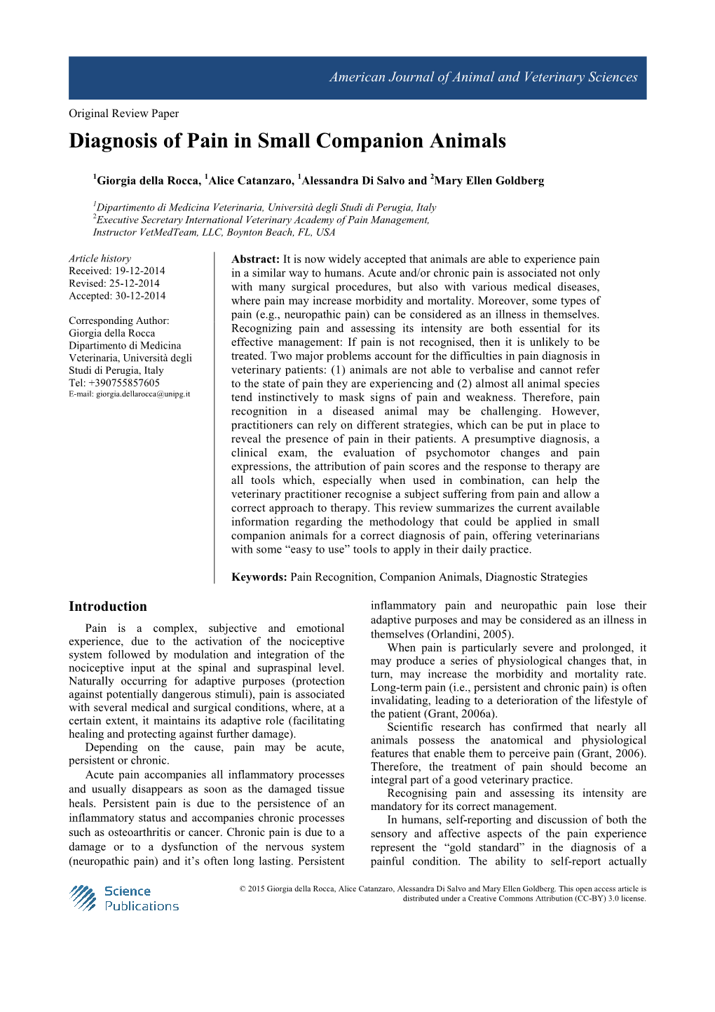 Diagnosis of Pain in Small Companion Animals