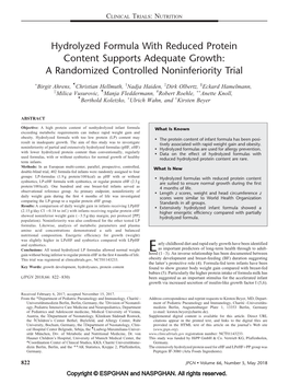 Hydrolyzed Formula with Reduced Protein Content Supports Adequate Growth: a Randomized Controlled Noninferiority Trial