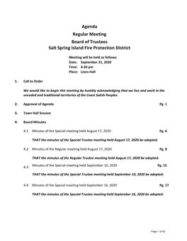 Agenda Regular Meeting Board of Trustees Salt Spring Island Fire Protection District