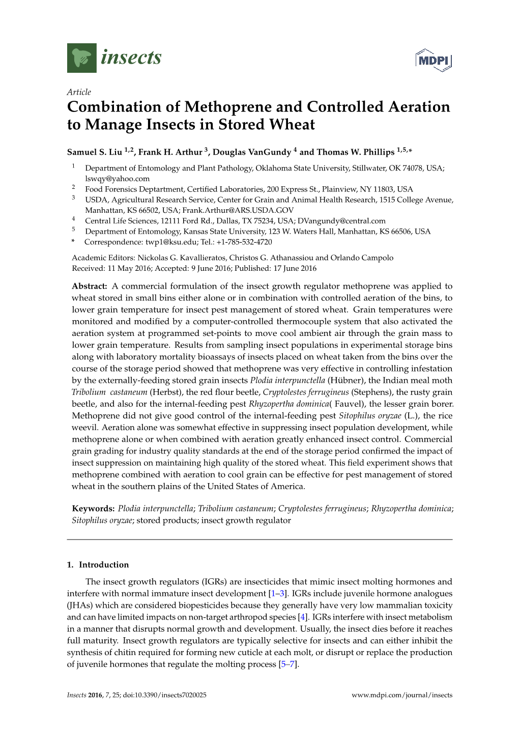 Combination of Methoprene and Controlled Aeration to Manage Insects in Stored Wheat