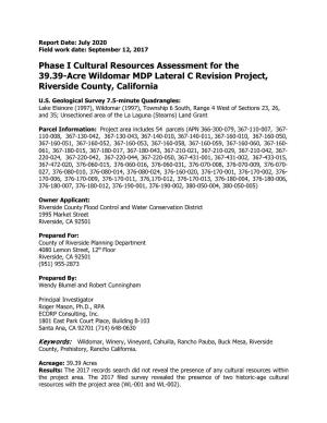 Phase I Cultural Resources Assessment for the 39.39-Acre Wildomar MDP Lateral C Revision Project, Riverside County, California