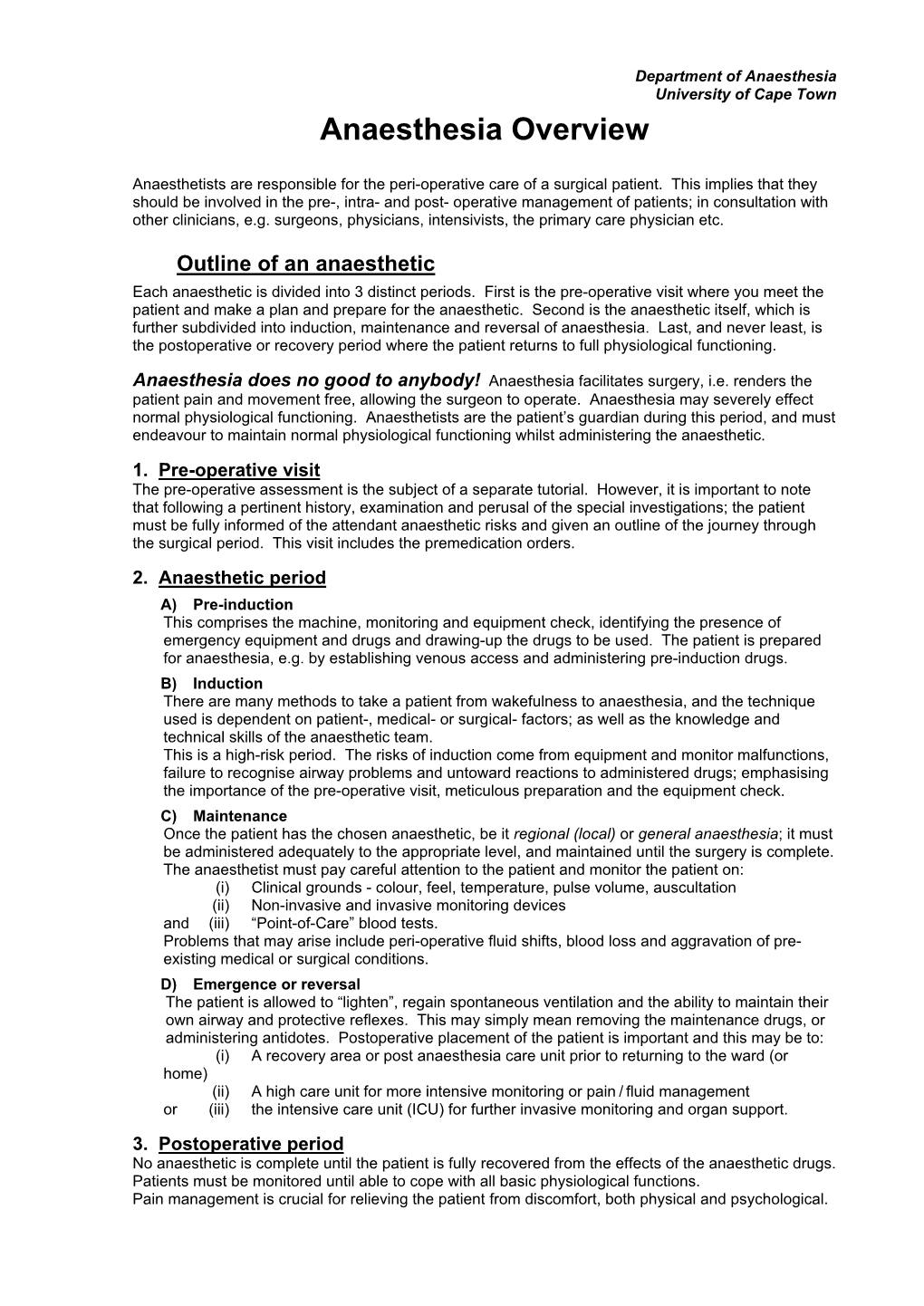 Anaesthesia Overview