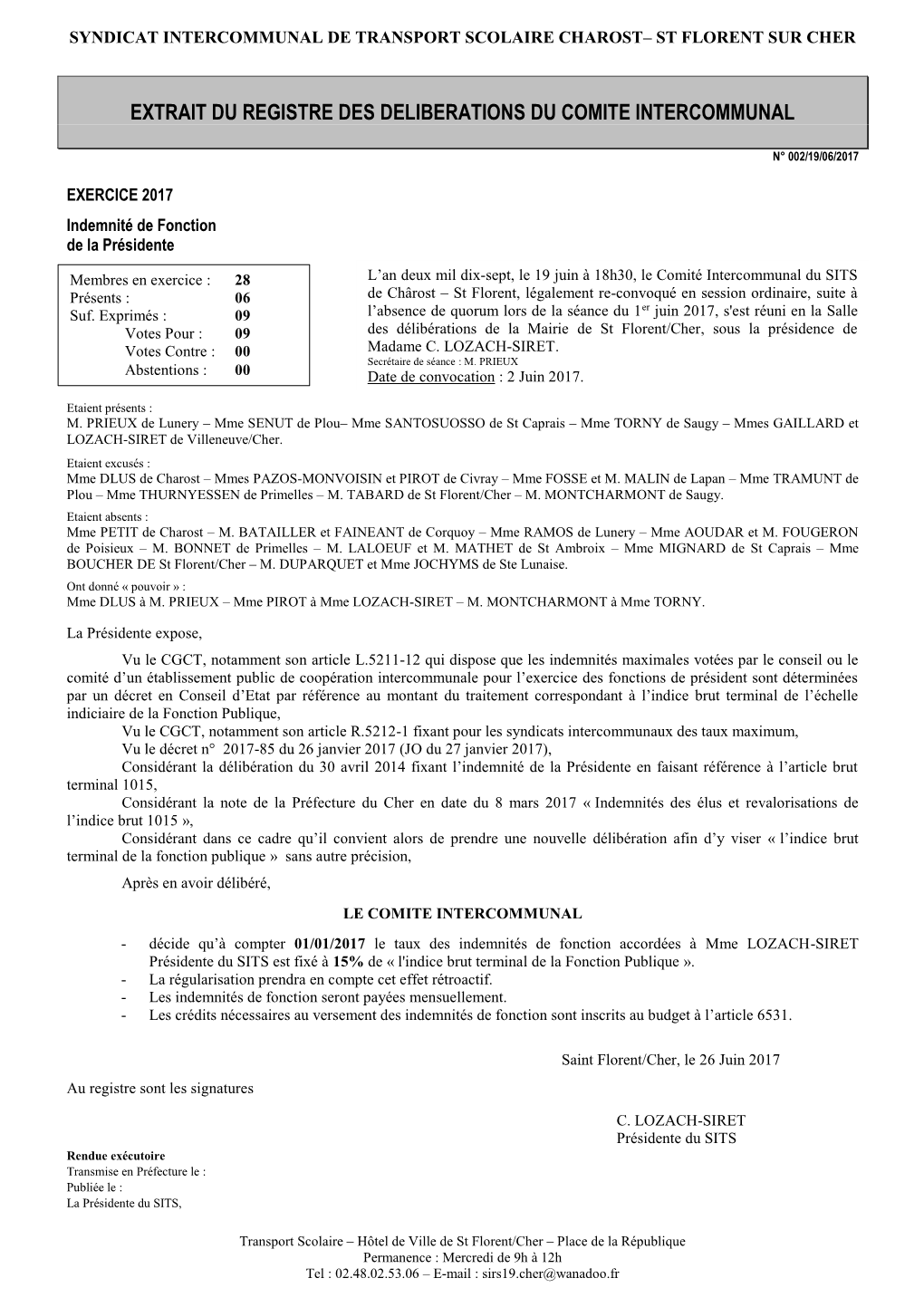 Extrait Du Registre Des Deliberations Du Comite Intercommunal