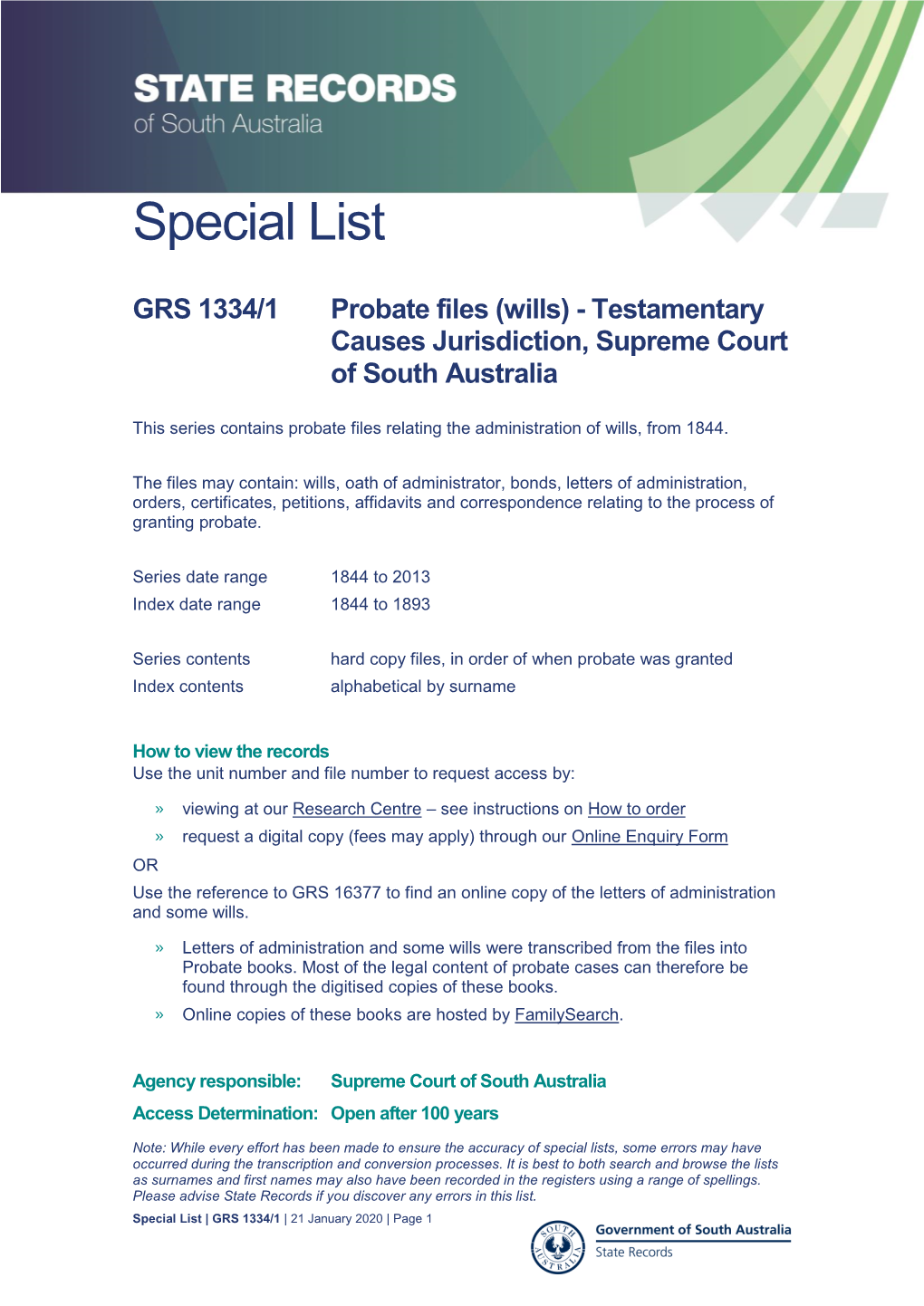 Probate Files (Wills) - Testamentary Causes Jurisdiction, Supreme Court of South Australia